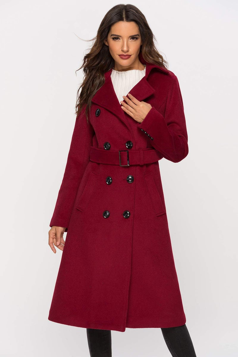 Escalier Womens Wool Coat Double Breasted Pea Coat Winter Long Trench Coat with Belt Wine Red L - Image 3
